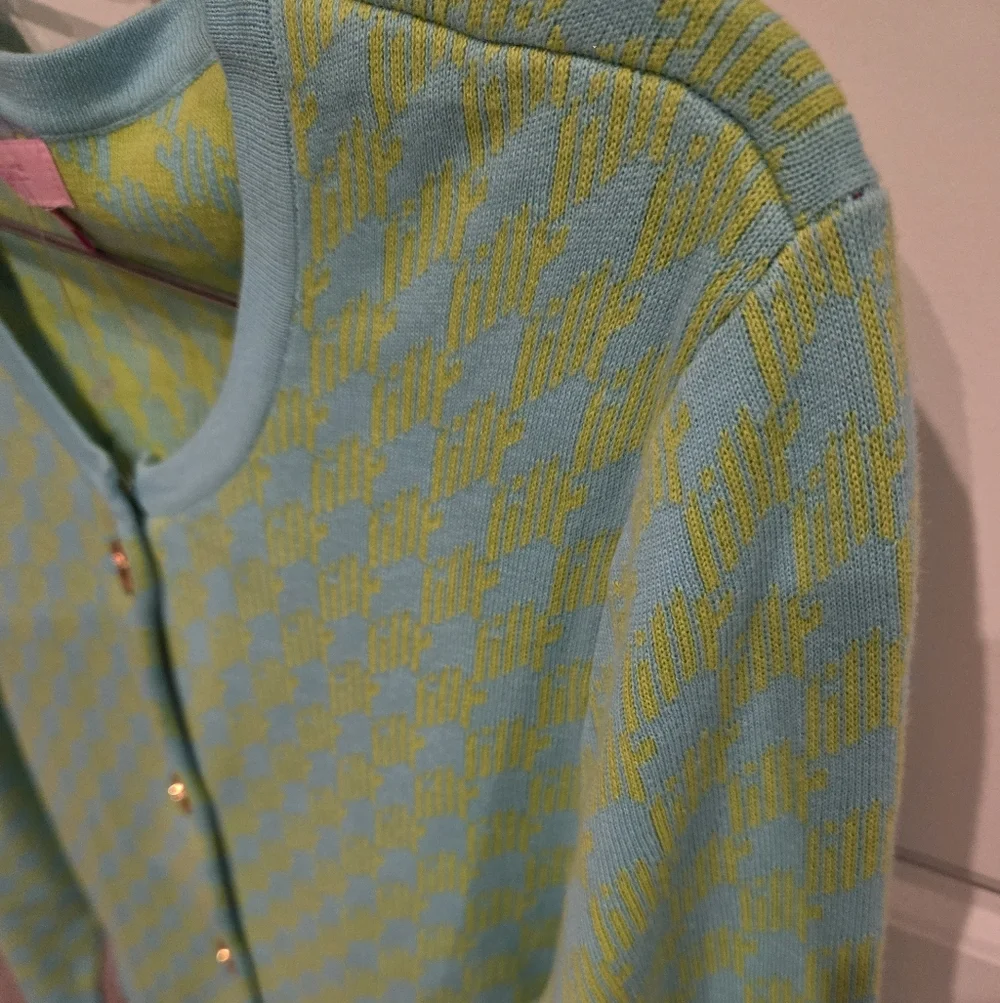 LILY PULITZER VINTAGE WOMEN'S GREEN AND BLUE HOUNDSTOOTH CARDIGAN SIZE MEDIUM